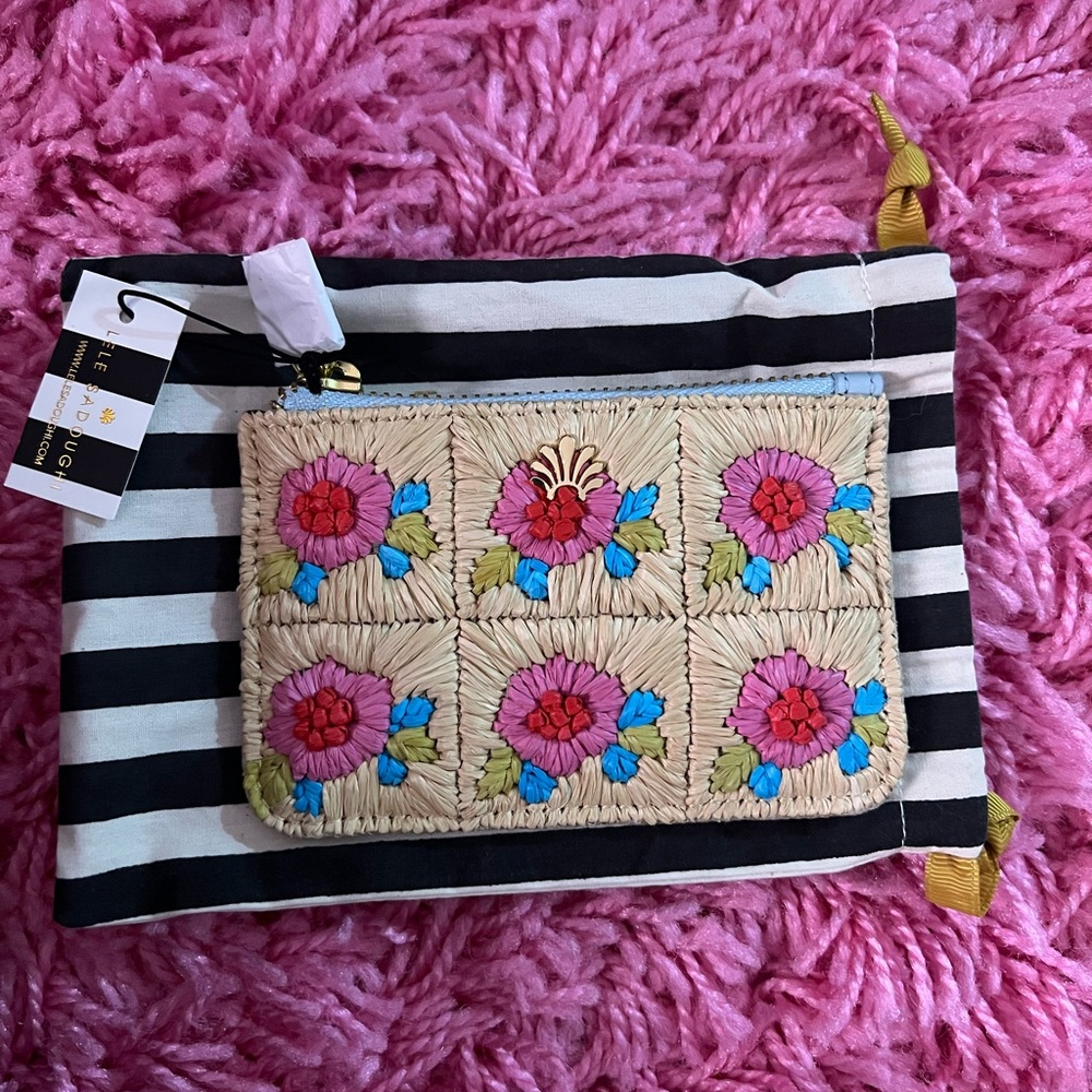 Lele Sadoughi Floral Embroidered Straw Wallet